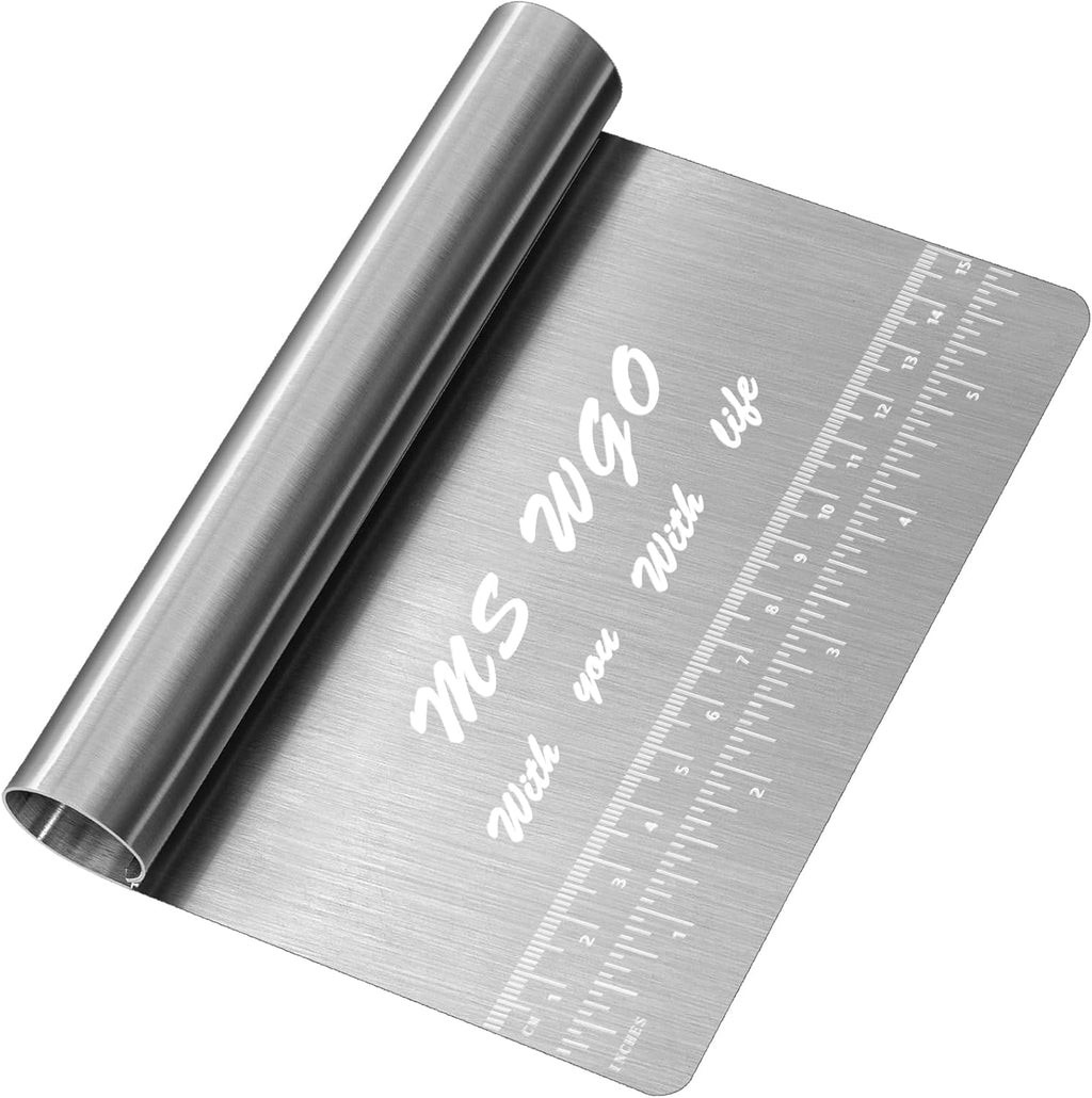 Pro Dough Pastry Scraper - Stainless Steel Mirror Polished Cutter with Measuring Scale | Multi-Purpose Kitchen Tool