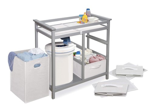 Badger Basket Modern Baby Changing Table - Nursery Furniture with Laundry Hamper and 3 Storage Drawers - Diaper Changing Station with Safety Belt, Changing Pad, and Organizer Baskets - Gray and White