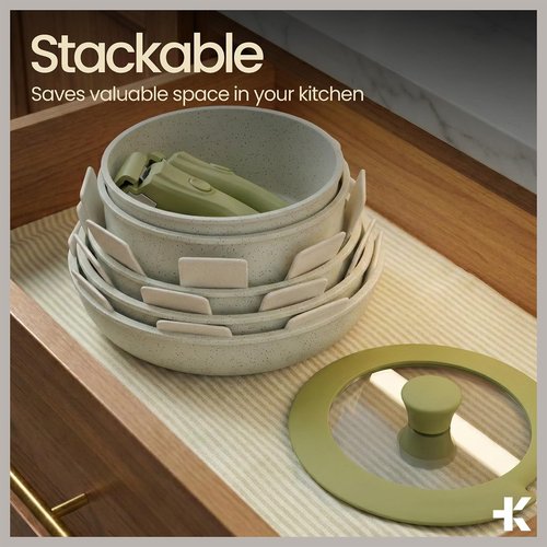 Bakken 15-Piece Non-Stick Cookware Set with Detachable Handles – Granite Stackable Pots and Pans Set, Dish Washer Safe, Oven-Safe, and Compatible Kitchen Essential for All Stoves – Green/Cream