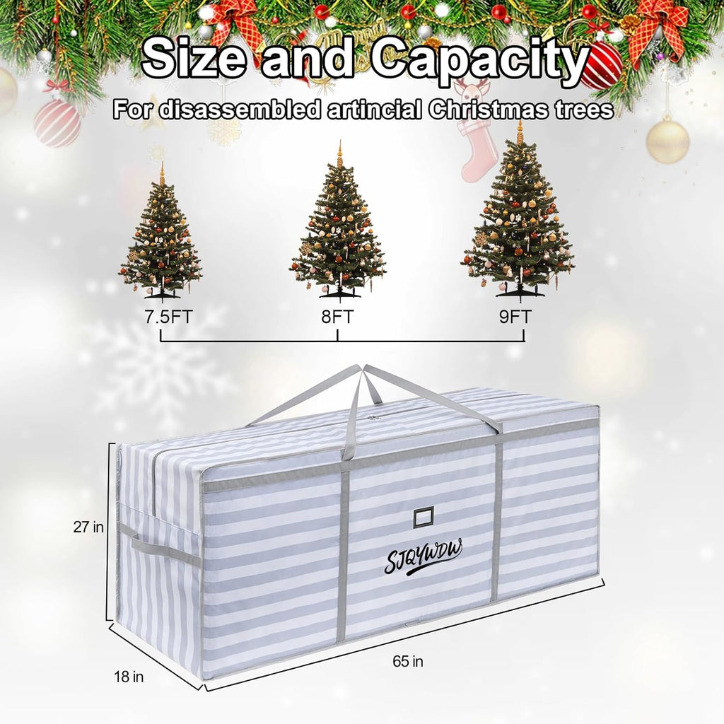 Skiennix Christmas Tree Storage Bag - Heavy Duty 600D Oxford Cloth with Double Mesh Pockets | 9 ft, Gray-White Stripes