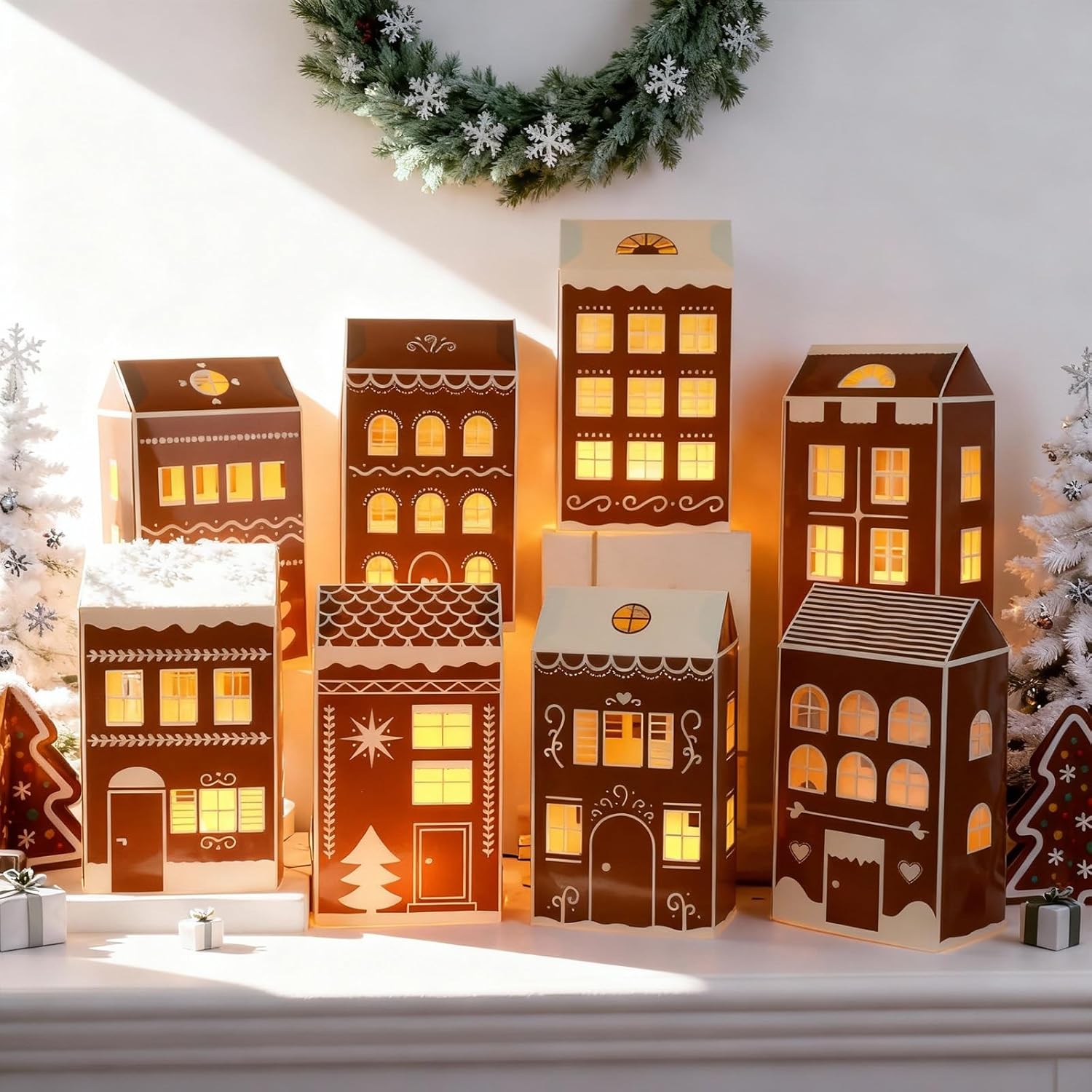 Reallnaive 20 Pcs Large 8" Christmas Cardboard Village Houses Set - DIY LED Candle Decor for Home & Party (Gingerbread, Brown)