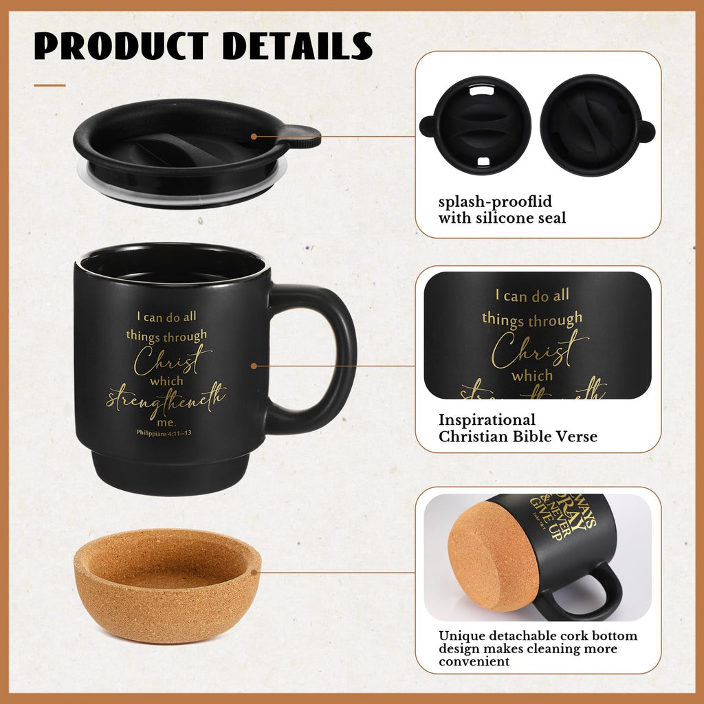 FillTouch 12 Pcs Christian Mothers Day Coffee Mugs 15 oz Religious Cup Cork Bottom Coffee Mug with Verse Inspirational Gifts for Women Men Father Teacher Church Bible Study(Black,Classics)