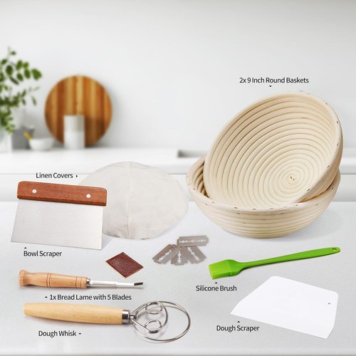 Dimpola Banneton Proofing Basket - Handmade Natural Rattan Round Dough Rising Basket Set for Artisan Breads