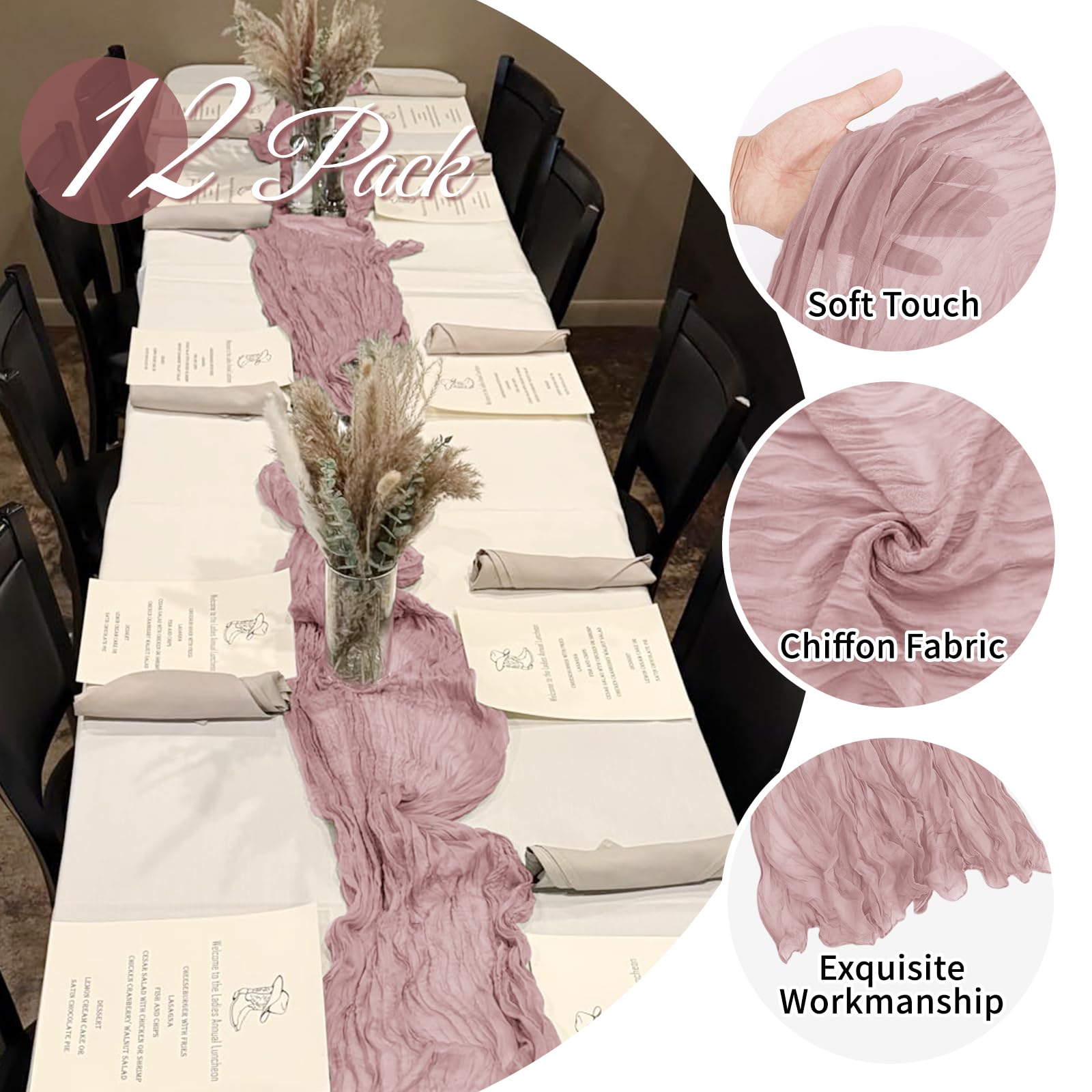FANTEKE 12 Pack Dusty Pink Cheesecloth Table Runner 20 x 120 Inch Gauze Table Runner Fabric Semi Sheer Cheese Cloth Table Decor Bulk for Rustic Romantic Wedding Baby Shower Party Table Decoration
