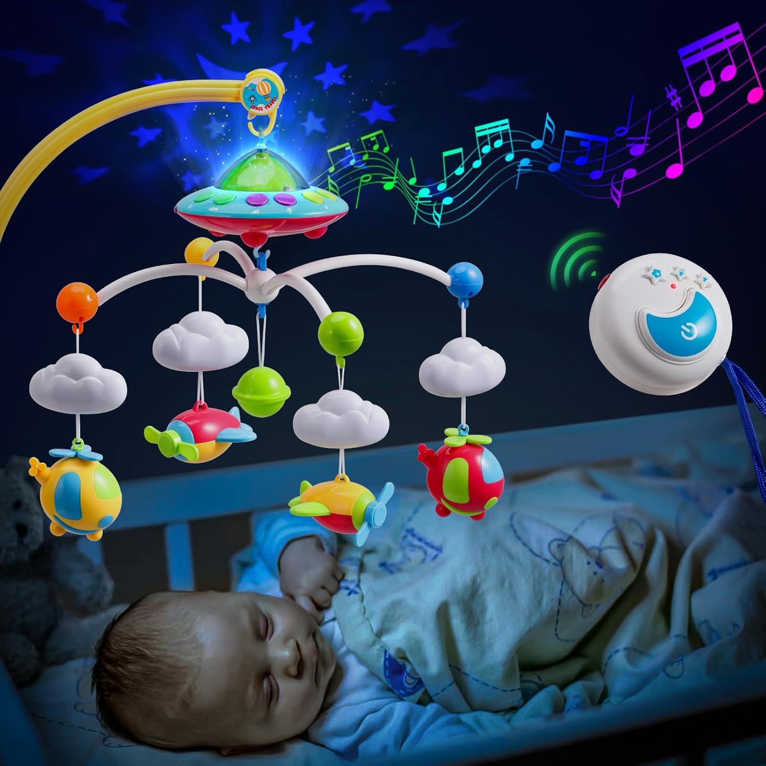 Skiennix Baby Musical Crib Mobile - Remote Control, Lights & Projector | 108 Melodies for Newborns 0-24 Months