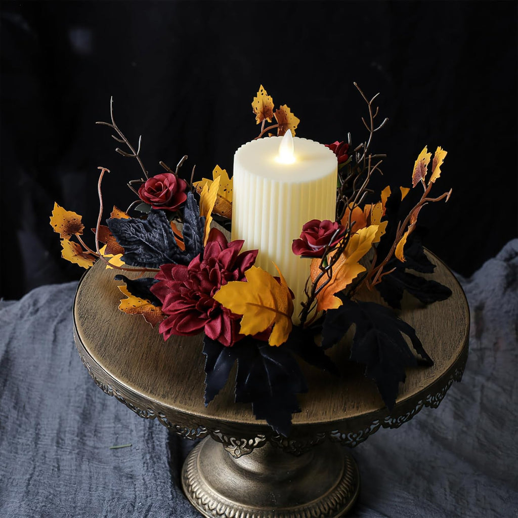Regine Switzerland Halloween Candle Rings - Red Flowers & Artificial Maple Leaves | Perfect Table Centerpieces
