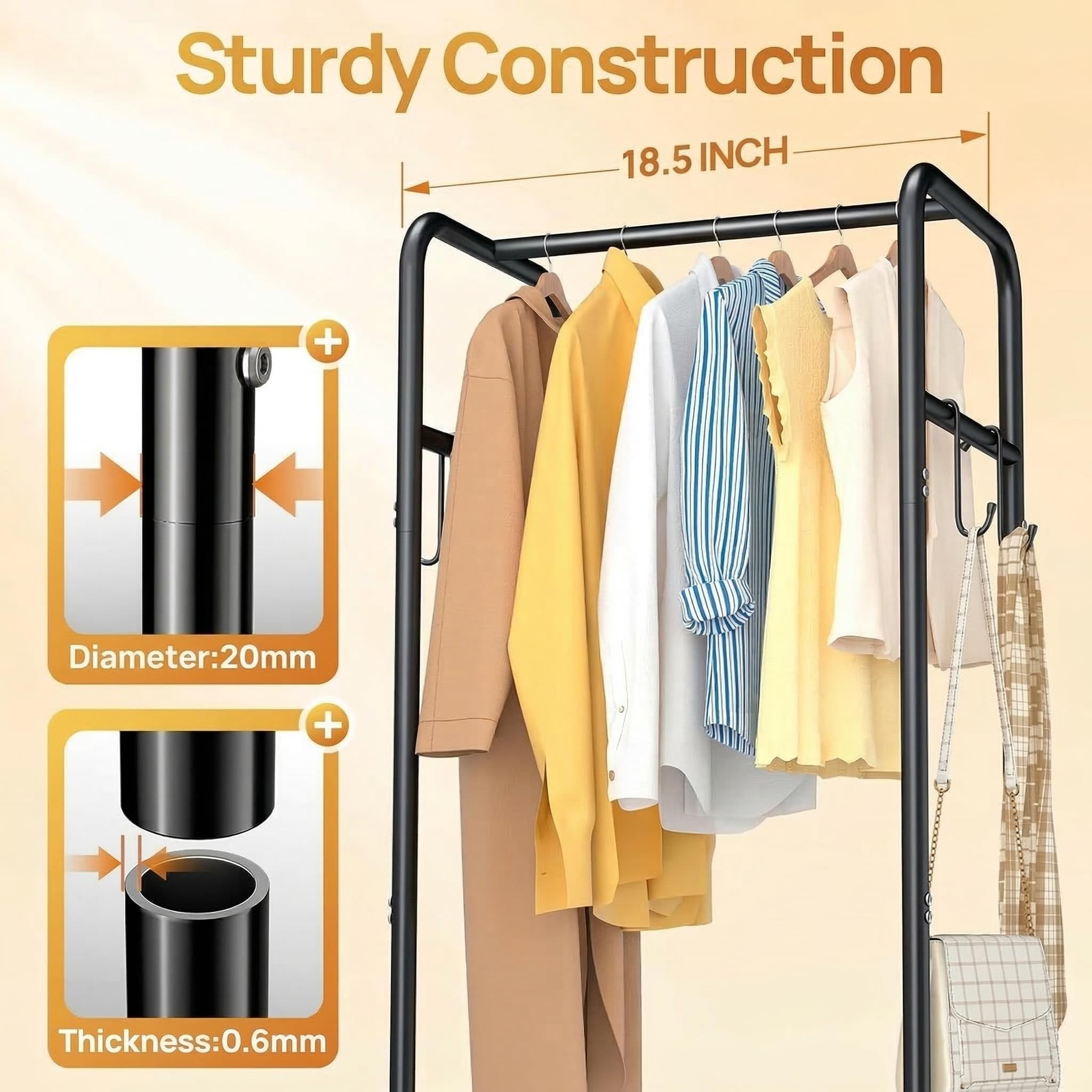 ZHKINGGS Clothes Rack with Wheels, Freestanding Garment Rack with 3 Metal Shelves for Hanging Clothes, Portable Hanging Rod for Small Room, Bedroom, Bathroom (Black)
