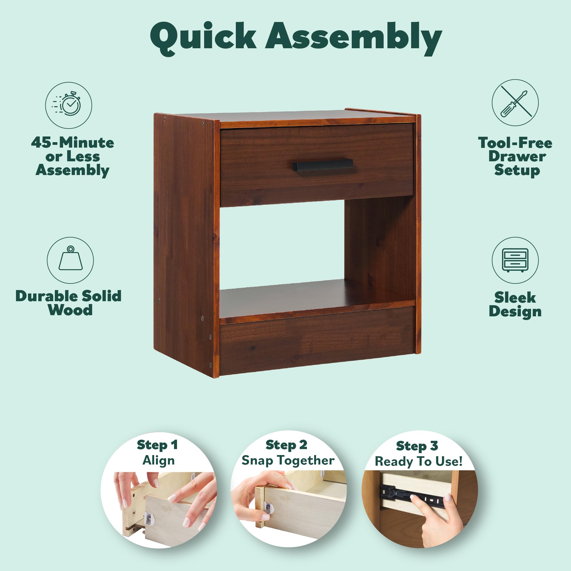 Walker Edison Easy Assembly™ Solid Wood 1-Drawer Nightstand with Handle Walnut