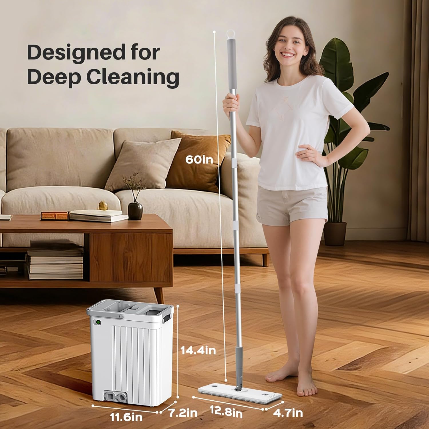 Skiennix Mop and Bucket Set - Auto Pump with 3-Zone Water Separation | Flat Mop System with Wheels & 4 Reusable Pads