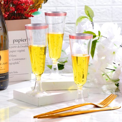 Gerrii 300 Pcs Plastic Champagne Flutes Bulk, 4.5 oz Clear Disposable Champagne Flutes, Rimmed Toasting Glasses for Wedding Birthday Anniversary Celebration Party Wine(Rose Gold Rim)