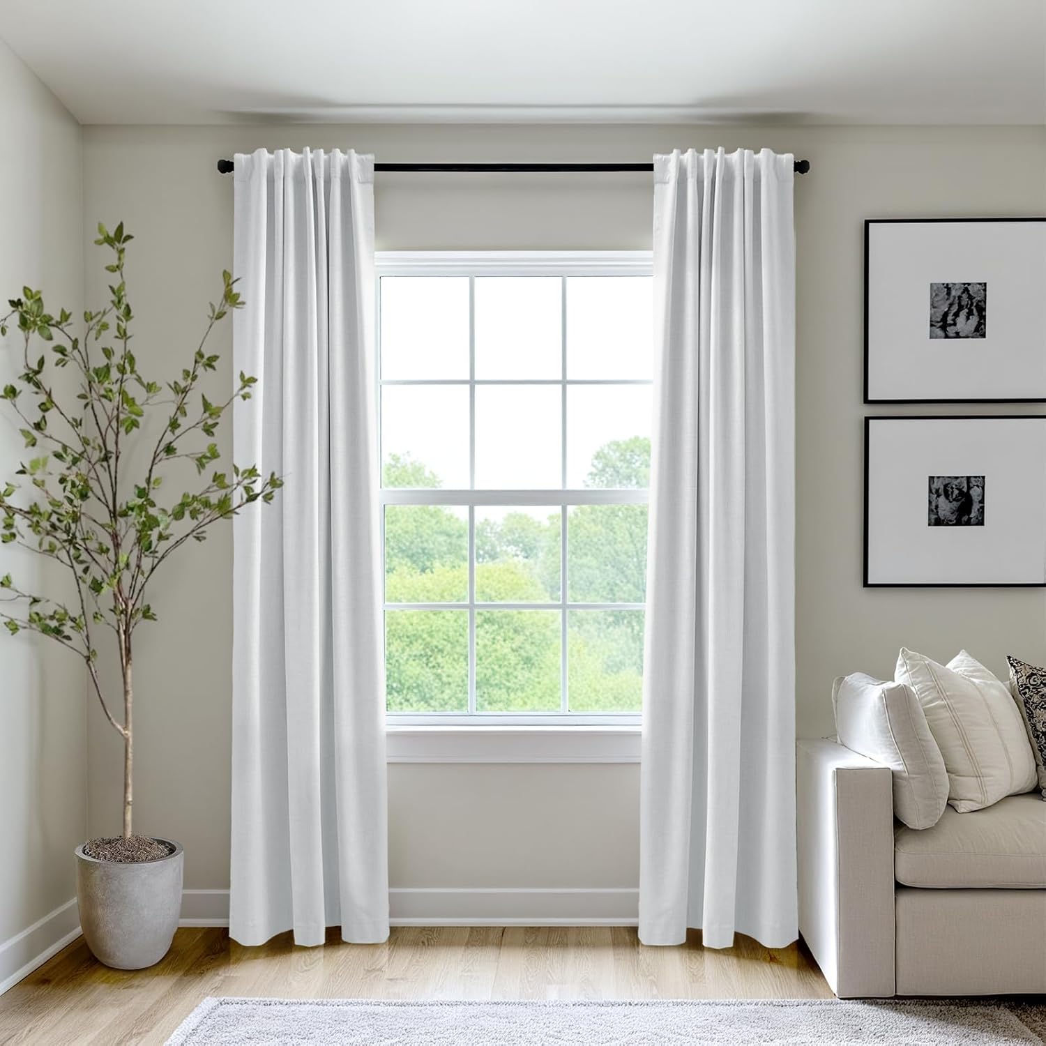 Skiennix 100% Blackout Curtains - Thermal Insulated Faux Linen | 84-Inch Length, 2 Panels, Bright White