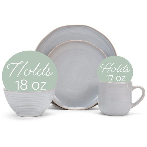 Elanze Designs Reactive Glaze Farmhouse Rustic Boho Ceramic Stoneware Dinnerware 16 Piece Plate Bowl Mug Dish Set - Service for 4, Pale Grey