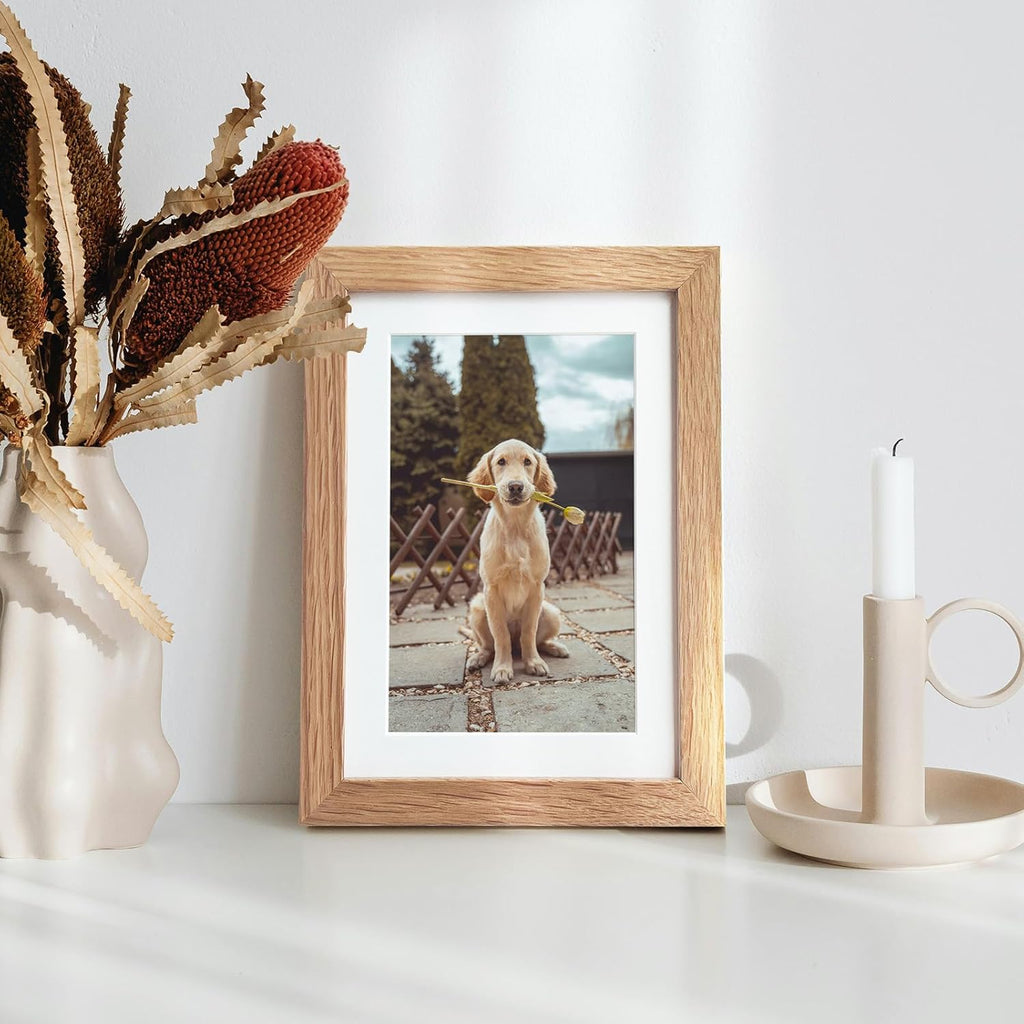 Solid Oak Wood 4x6 Picture Frame Set of 2 - Natural Finish with Mat for 3x5 Photos