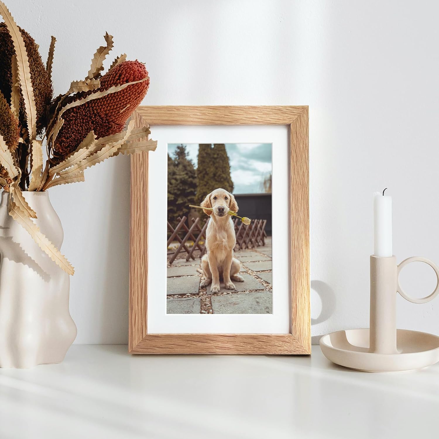 Solid Oak Wood 4x6 Picture Frame Set of 2 - Natural Finish with Mat for 3x5 Photos