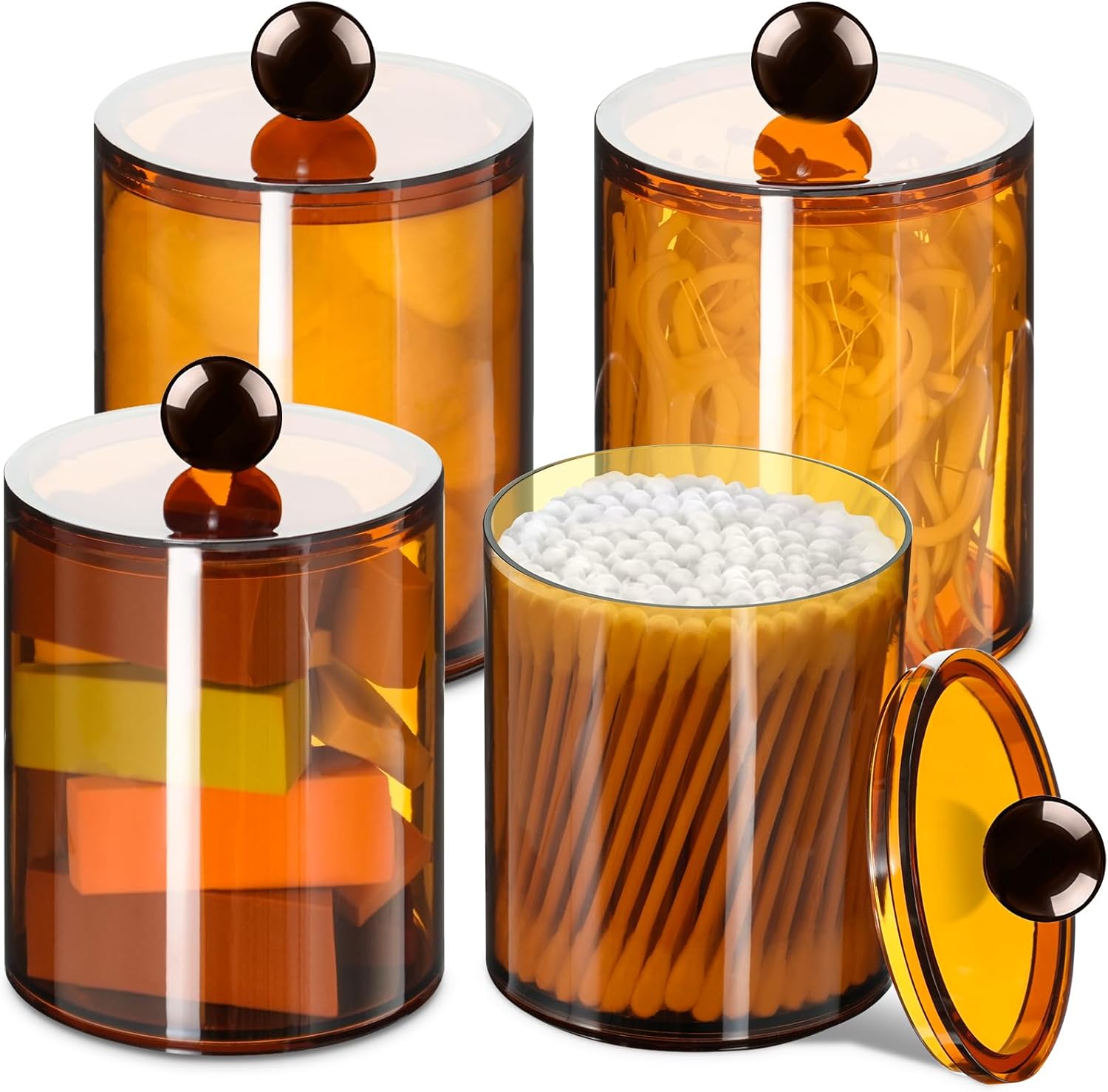 XIPENGKEJI Qtip Holder Set - 4 Pack Apothecary Jars with Lids for Bathroom Organization | 10oz-12oz Brown Canisters