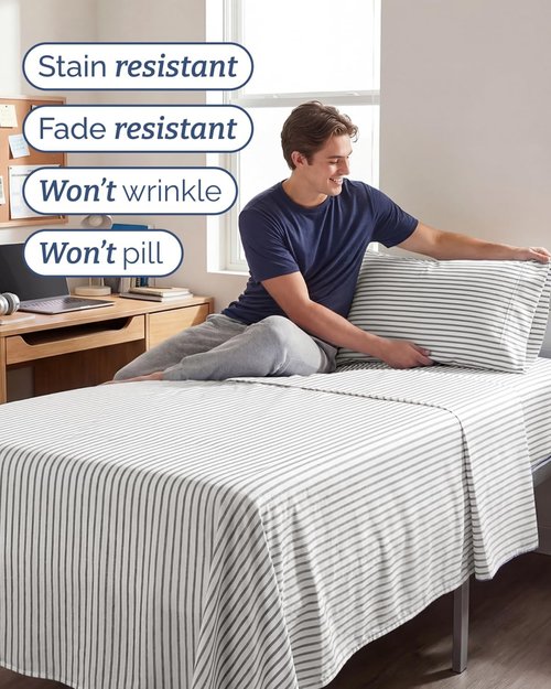 Comfy Twin XL Sheet Set by [Brand Name] - 3 Piece Cooling Bedding - Deep Pockets & Wrinkle-Free - Grey Stripes