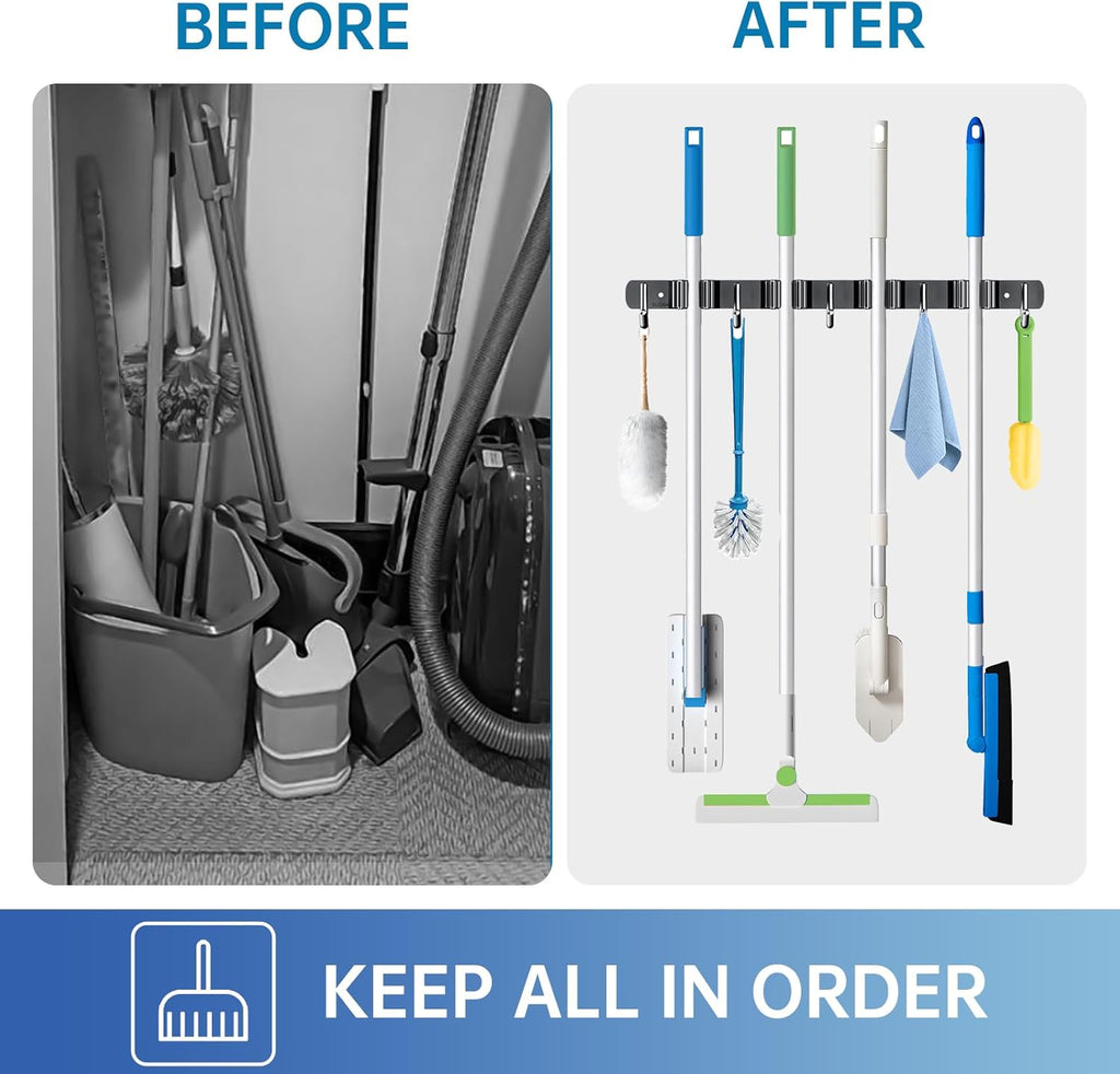ZONGOOL Wall-Mounted Broom Holder - 4 Racks & 5 Hooks for Home Organization | Black Metal Design