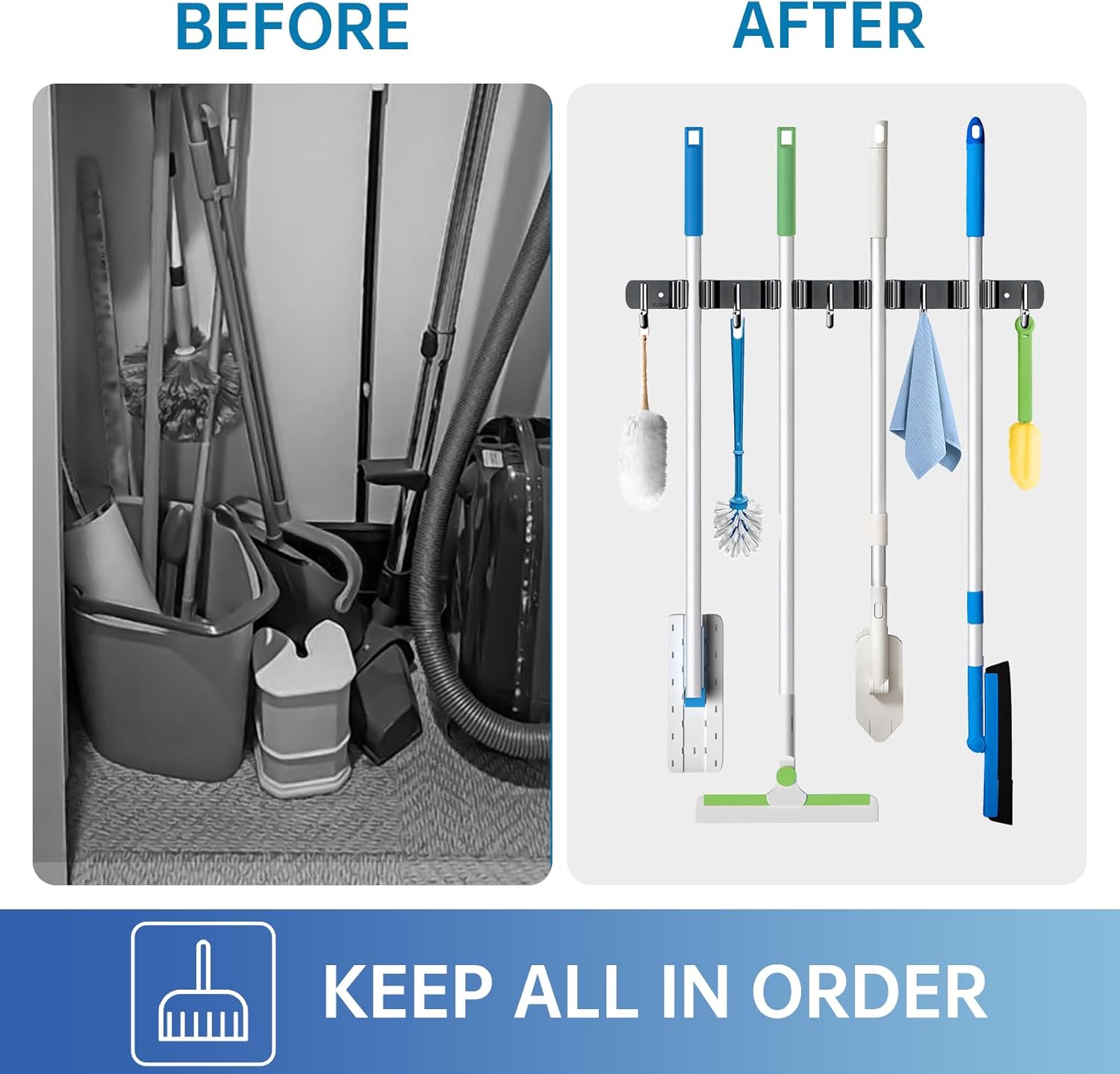 ZONGOOL Wall-Mounted Broom Holder - 4 Racks & 5 Hooks for Home Organization | Black Metal Design
