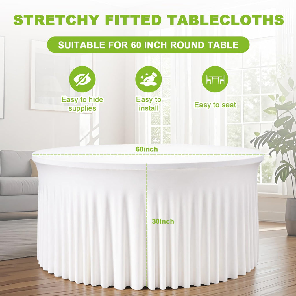 6 Pack White Round Tablecloths for 5 FT Round Tables, Stretchy Spandex Fitted Tables Cloth with Table Skirt, Wrinkle Free Table Cover Stitch Circle Tablecloth for Party Wedding Birthday Outdoor Events