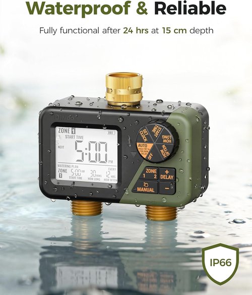 Diivoo Brass Sprinkler Timer - 2 Zone IP66 Waterproof Programmable Hose Timer | Large Display & Rain Delay for Garden Irrigation