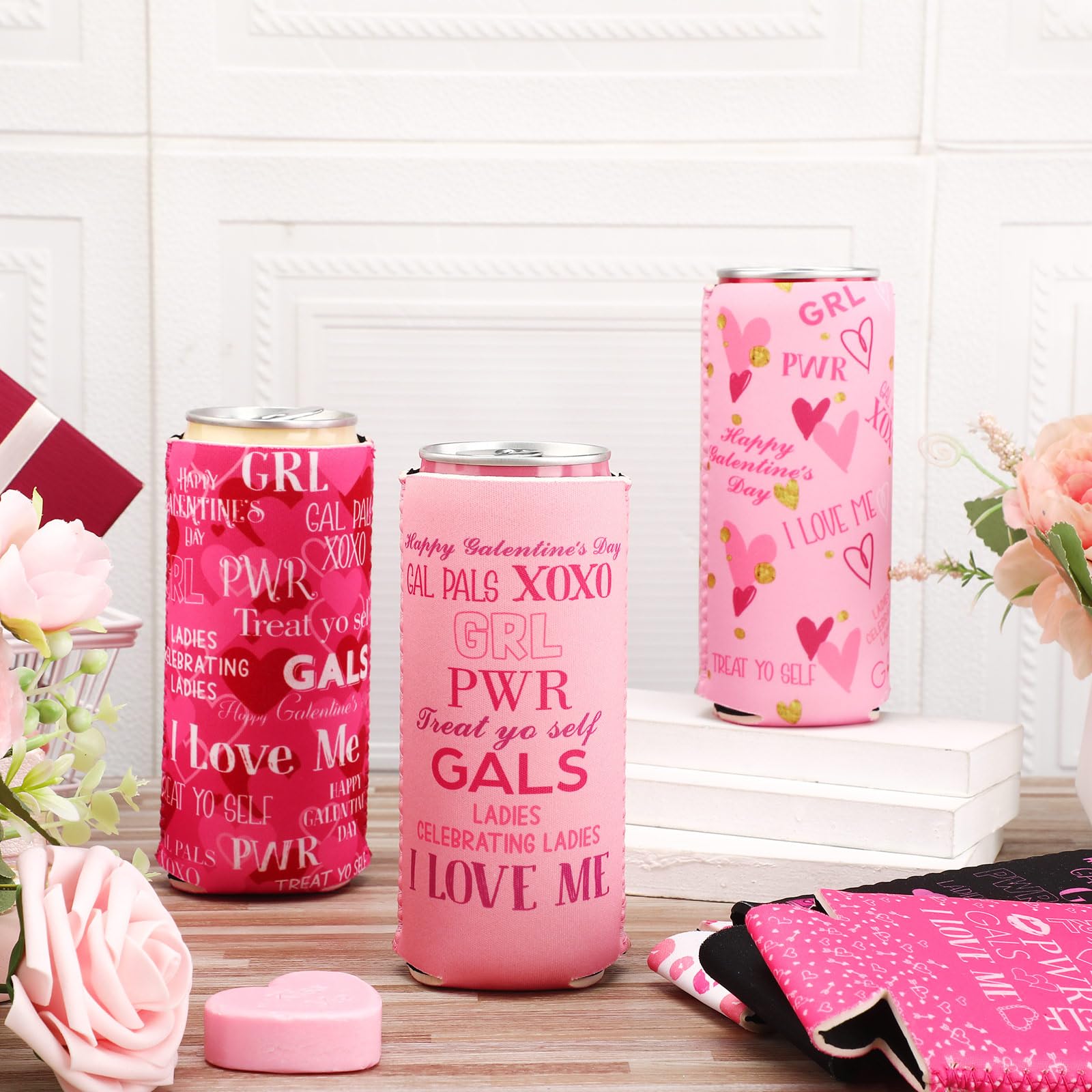 Layhit 12 Pcs Happy Galentine's Day Can Sleeves Celebrating Galentine's Day Beverage Covers for Skinny Cans Cooler Insulated Neoprene Drink Holders for Gathering Party Supplies Favor
