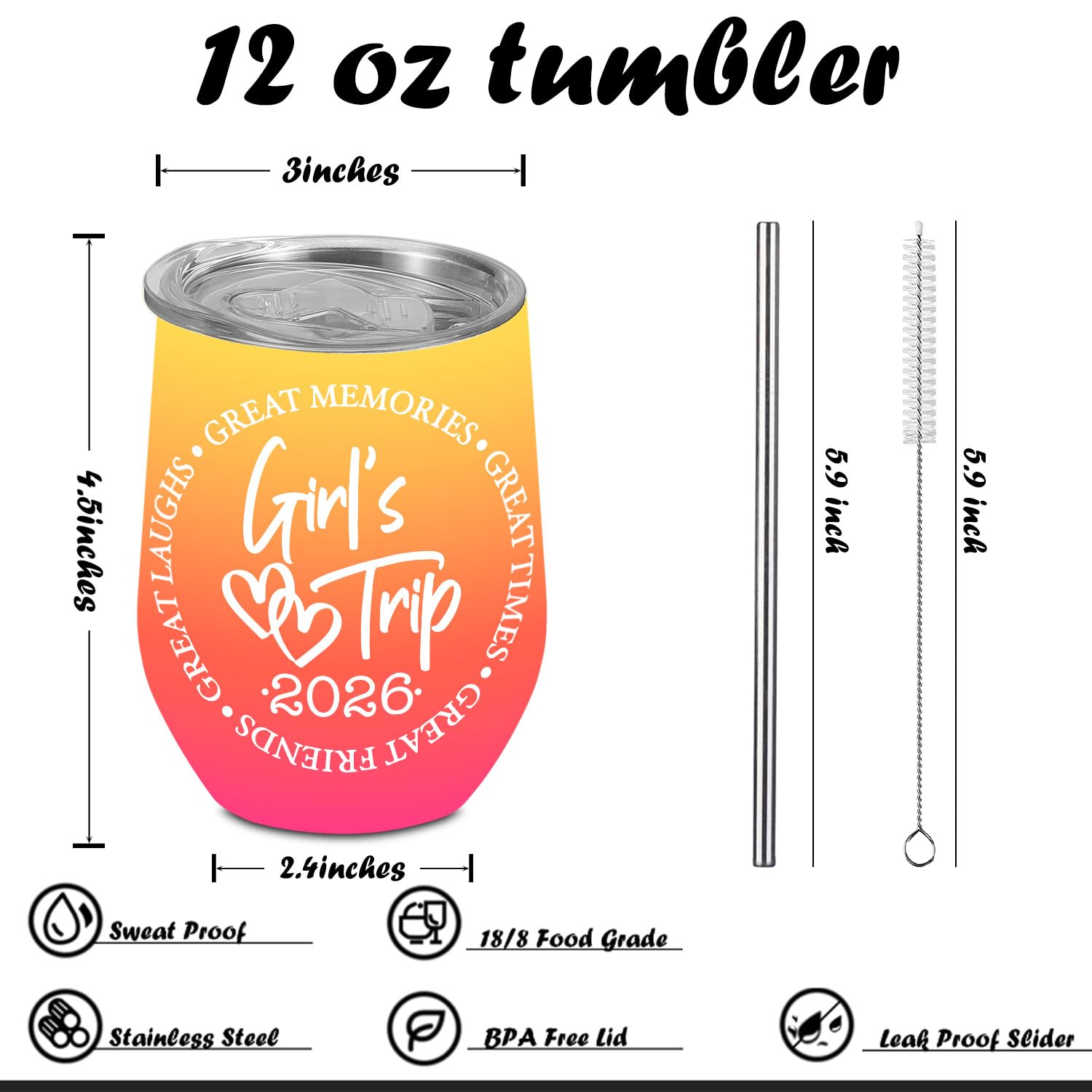 BQXH 4 Pcs Girls Trip Wine Tumbler With Lid, 12 OZ Stainless Steel Tumbler, Girls Trip Gifts Favors Insulated Coffee Cup, Travel Mug Weekend Gifts for Friendship Vacation Bachelorette Party