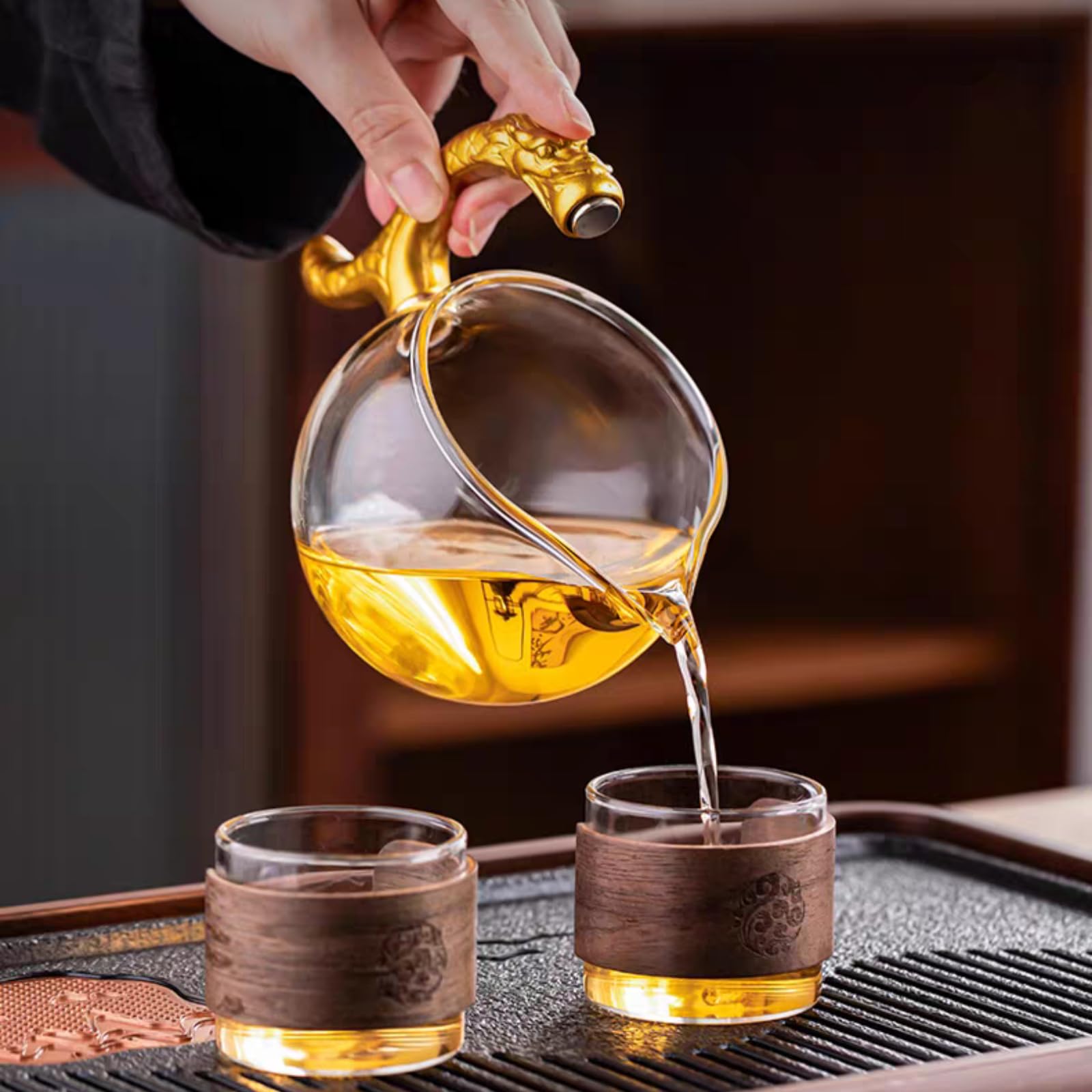 Glass Teapot with Infuser Chinese Gongfu Tea Set,6 cups,Magnetic Semi Automatic Design for Loose Leaf Tea
