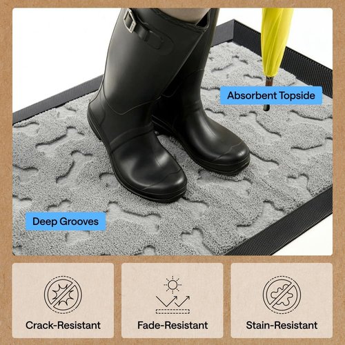GORILLA GRIP Waterproof All-Season WeatherMAX Doormat - 35x23, Natural Rubber, Easy Clean, Light Gray Bones