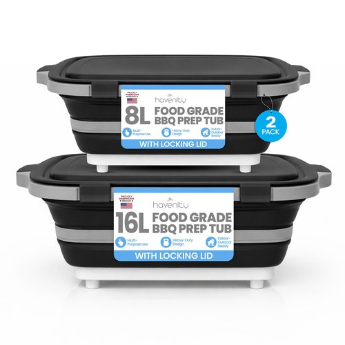 Havenity BBQ Prep Tub 2 Pack (8L+16L) - Multifunctional Collapsible Camping Cutting Board with Upgraded Locking lid, Meal Prep Meat Storage Container Perfect for Grilling, Outdoor Cooking (Large + XL)
