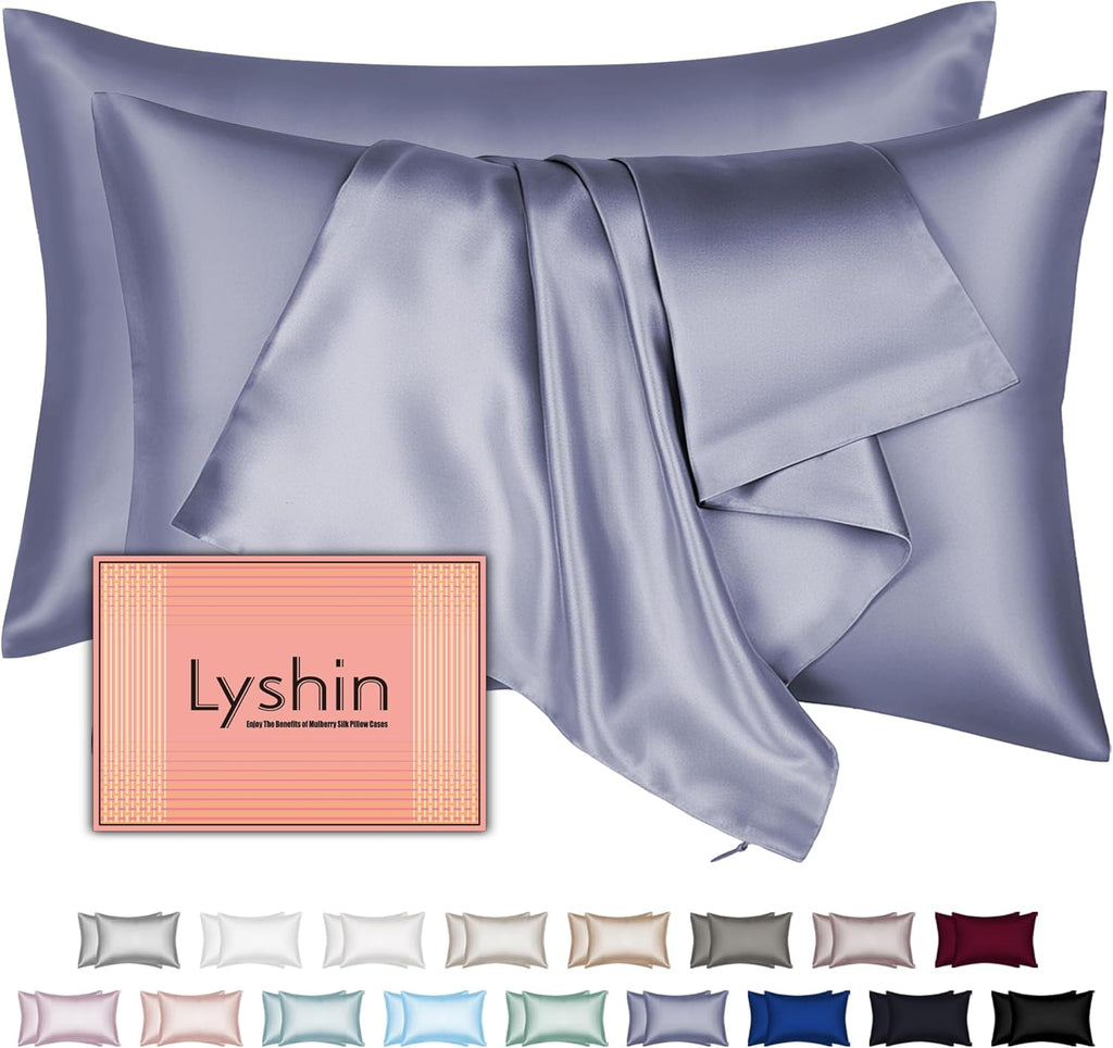 Skiennix Silk Pillowcases - 2 Pack Standard Size with Hidden Zipper | Mulberry Silk for Hair & Skin - Grayish Blue