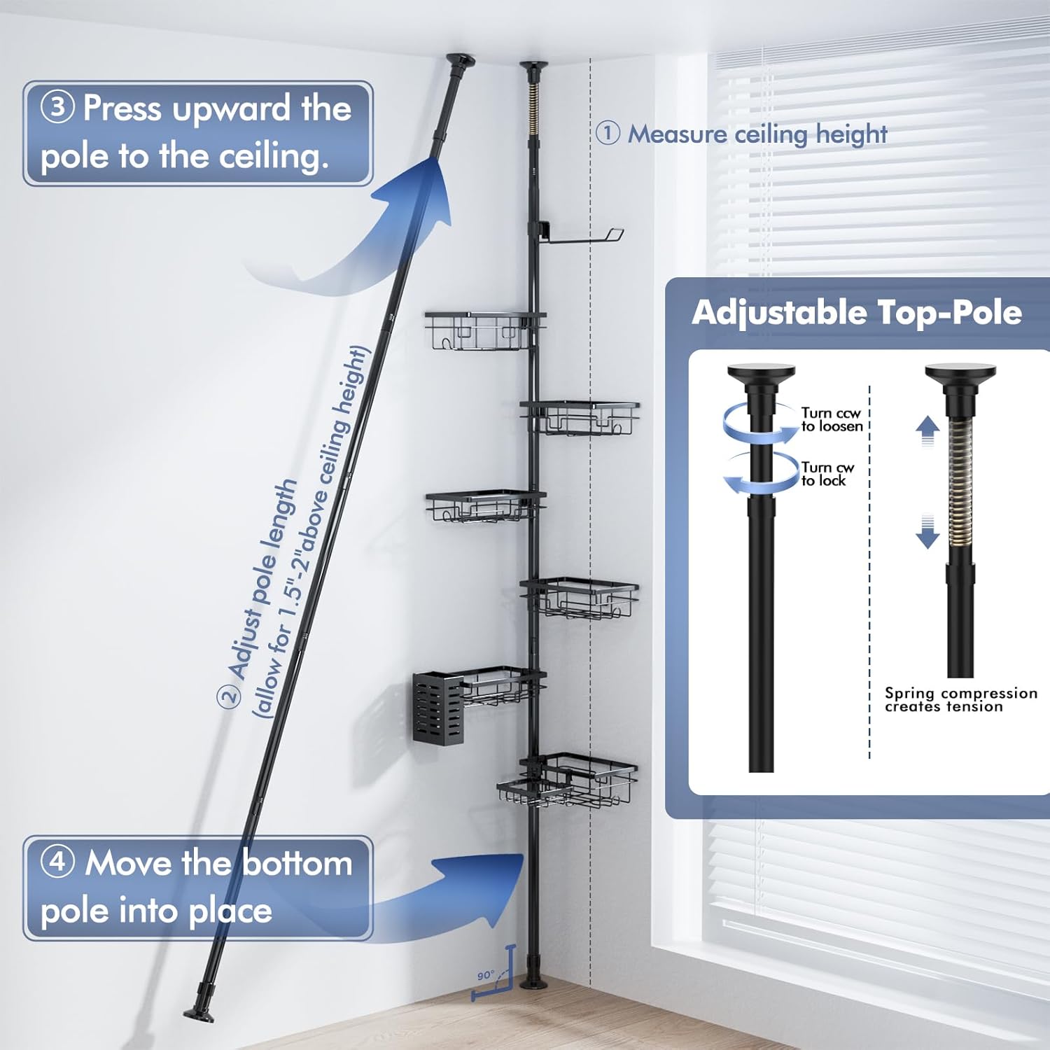 Shower Caddy Organizer - Rustproof Tension Pole with Adjustable 30-120 Inch Rack | 6-Pack Corner Shelf, Towel Bar & Soap Dish in Black