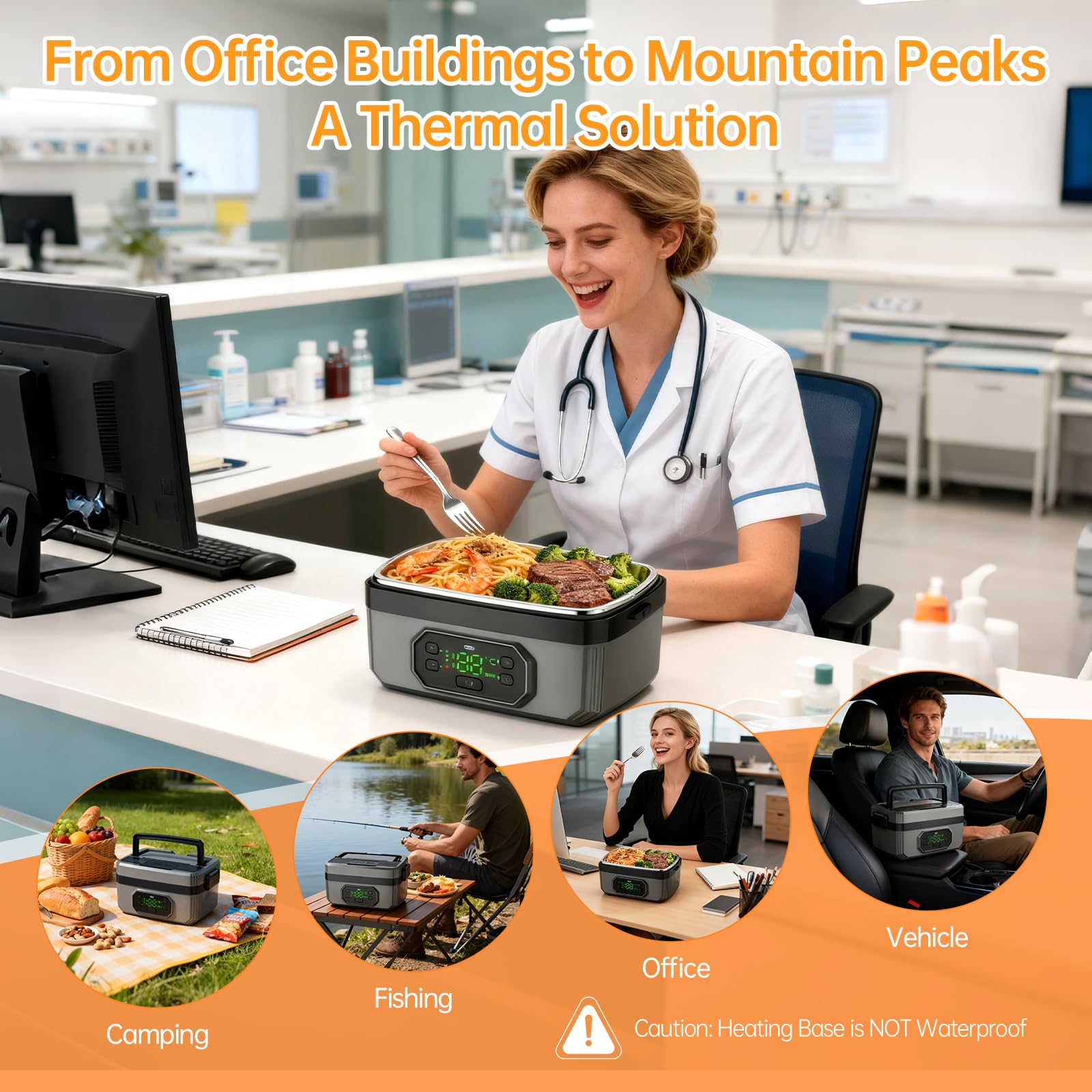 Eosyrennis Portable Cordless Electric Lunch Box for Adults,Rechargeable Self-Heating Food Warmer with Timer & Leak-Proof,1.2L SS Container,21000mAh Battery Powered for Office,Travel,Car,Outdoor