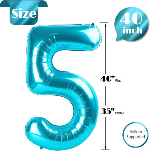 Blue Number 5 Balloon - 40 Inch Birthday Decoration for 5th Birthday Party Supplies