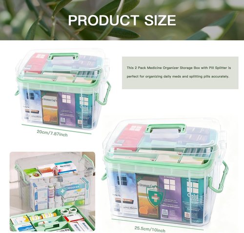 Clear Medicine Organizer by [Brand Name] - 2 Pack Plastic Storage Box for Home & Travel