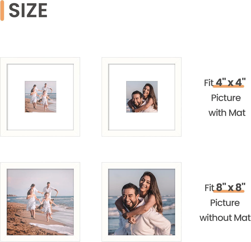 Upsimples 8x8 Picture Frame - Versatile Display for 4x4 or 8x8 Photos | Elegant White Design, 1 Pack