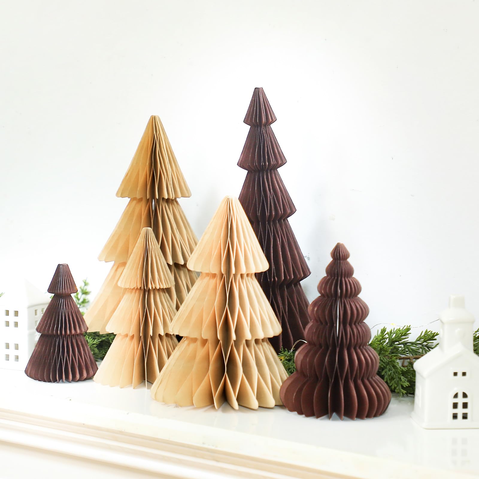 ReliThick 6 Pcs Paper Christmas Tree Decor 3D Honeycomb Trees Table Centerpiece for Modern Christmas Mantel Decorations Home Xmas Holiday Party Decorations (White, Brown)