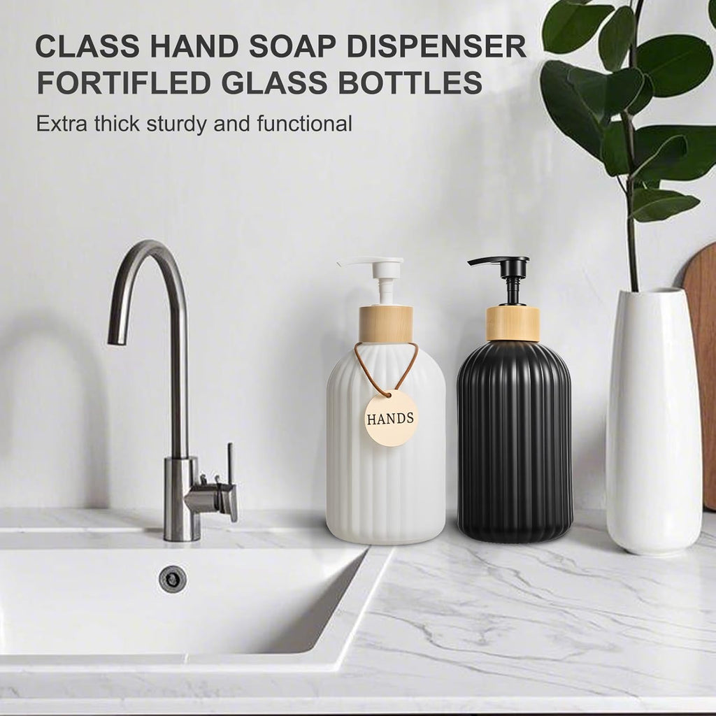 ViserVita Glass Hand Soap Dispenser Set - Elegant Bamboo Pump | 2 Pack for Kitchen & Bathroom Decor