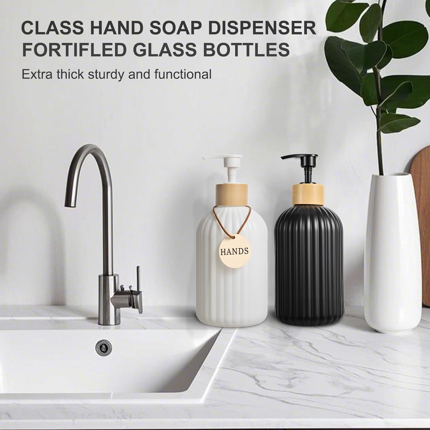 ViserVita Glass Hand Soap Dispenser Set - Elegant Bamboo Pump | 2 Pack for Kitchen & Bathroom Decor