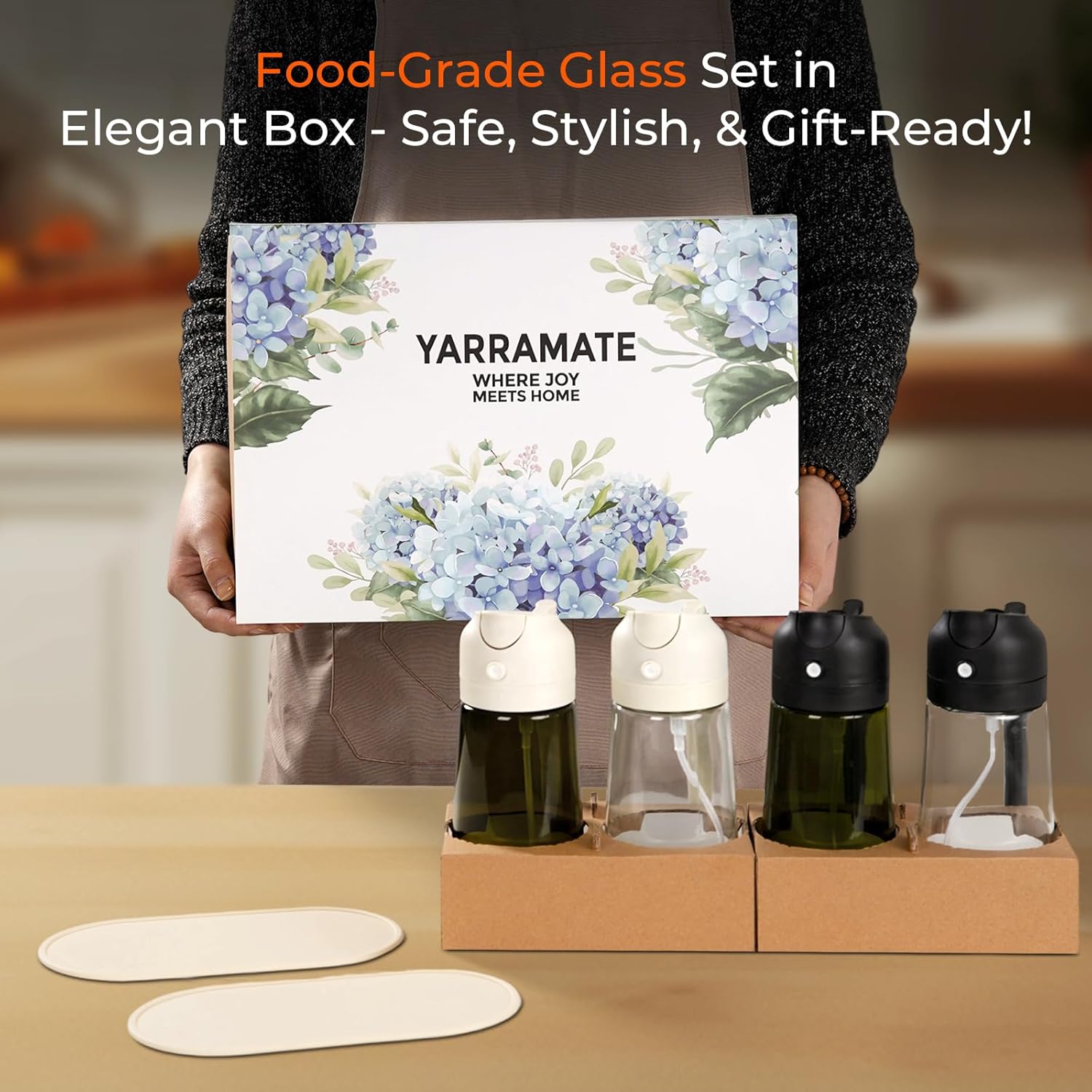 YARRAMATE Glass Olive Oil Sprayer Set - 4Pcs 16oz with Stickers & Non-Slip Mats | Perfect Kitchen Gift