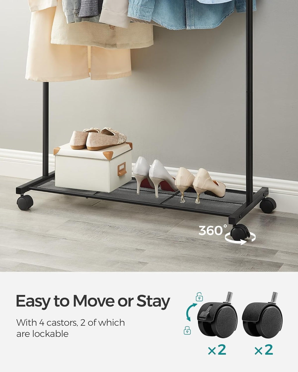 SONGMICS Clothes Rack - Metal Garment Rack with Wheels & Dense Mesh Shelf | 110 lb Capacity, Black