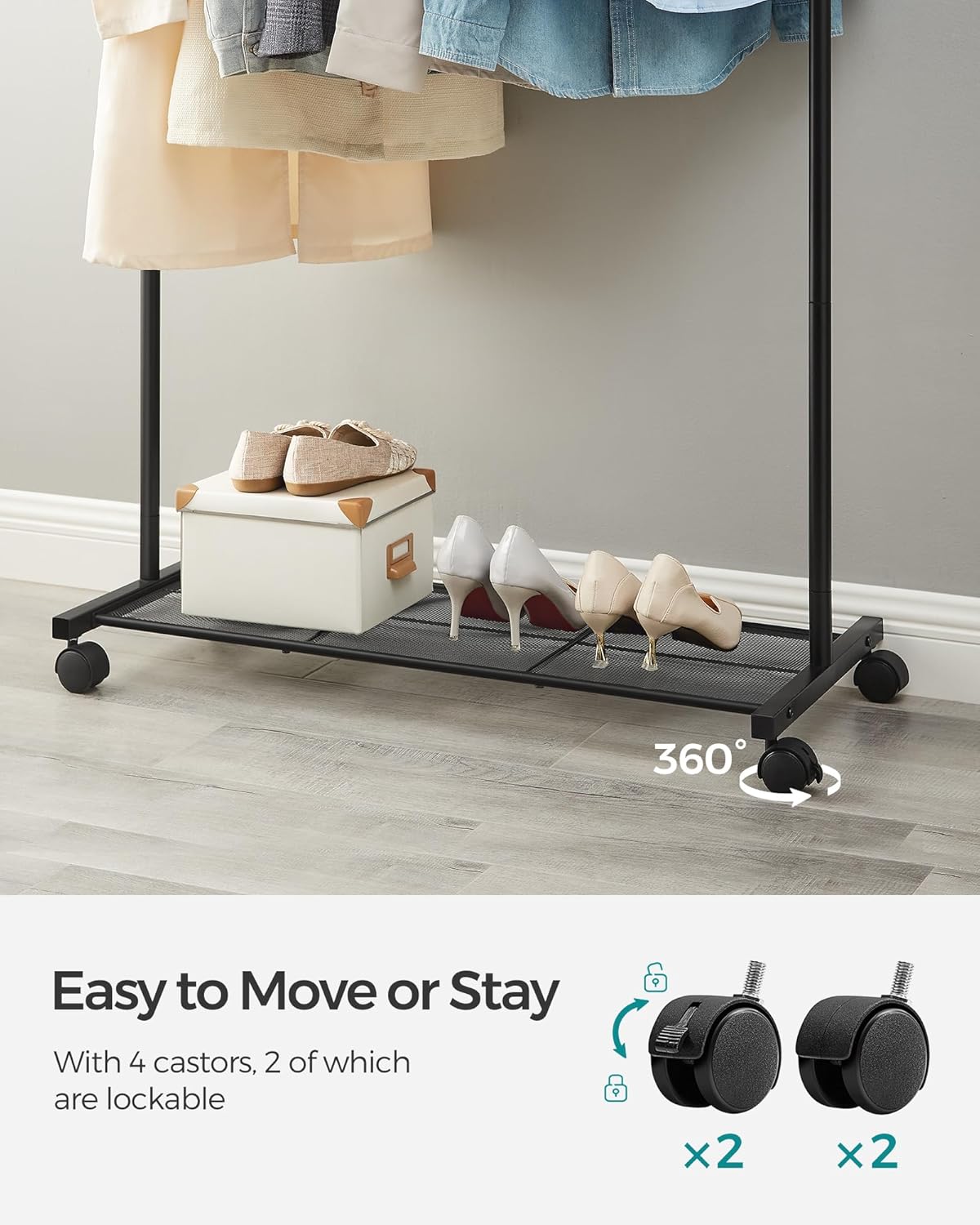 SONGMICS Clothes Rack - Metal Garment Rack with Wheels & Dense Mesh Shelf | 110 lb Capacity, Black