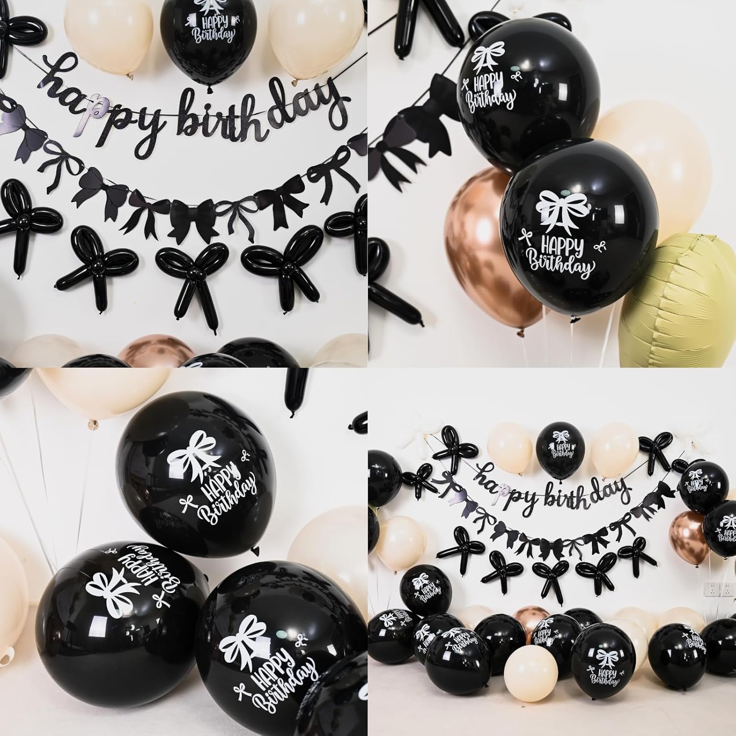 Skiennix Bow Birthday Decorations - Elegant Black & Gold Coquette Party Set with Happy Birthday Banner & Heart Foil Balloons