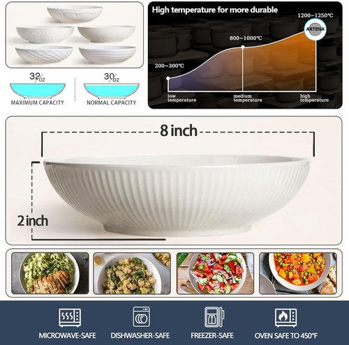 Artena Pasta Bowls Set of 4 - 32oz Ceramic Striped Salad Bowls | 8-Inch Wide Shallow Serving Bowls