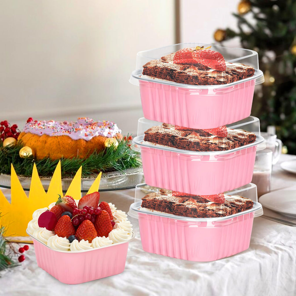 ylnurac 100Pack 5oz Pink Mini Cake Pans with Lids Baking Cups Aluminum Foil Pans Tins, Individual Dessert Cups Containers for Sales,Party,Picnics