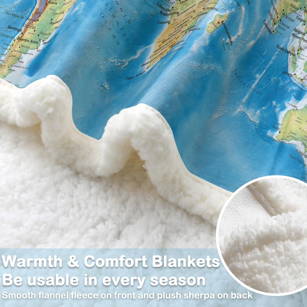 Sleepwish World Map Sherpa Fleece Throw Blanket, Soft Thick Plush Blue Blanket Vivid 3D Print Map of The World Blankets Gifts for Teens Kids Boys Girls 50x60 Inches