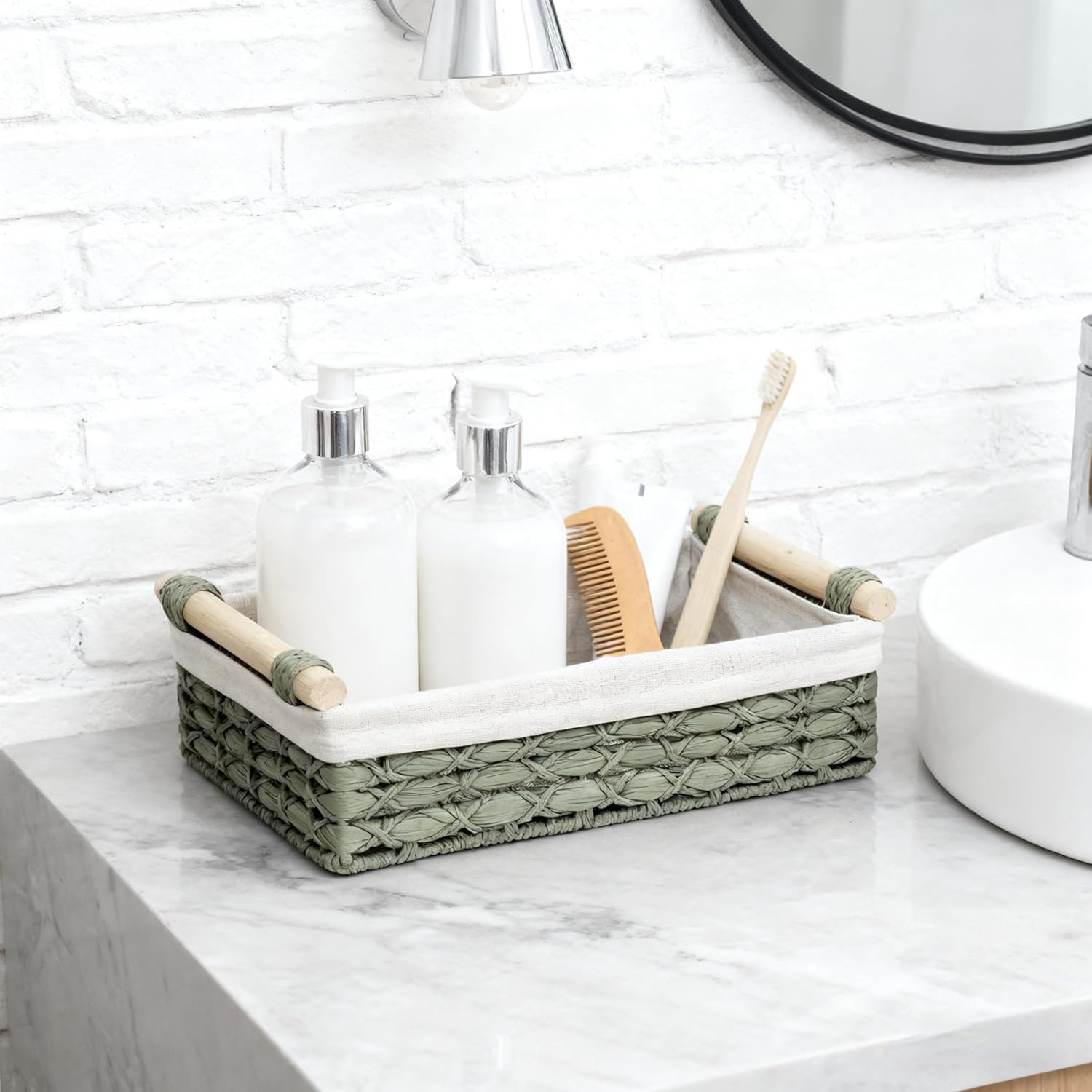 Regine Switzerland Set of 2 Green Bathroom Basket Organizers - Stylish Wicker Storage Baskets with Liner for Towels & Toiletries