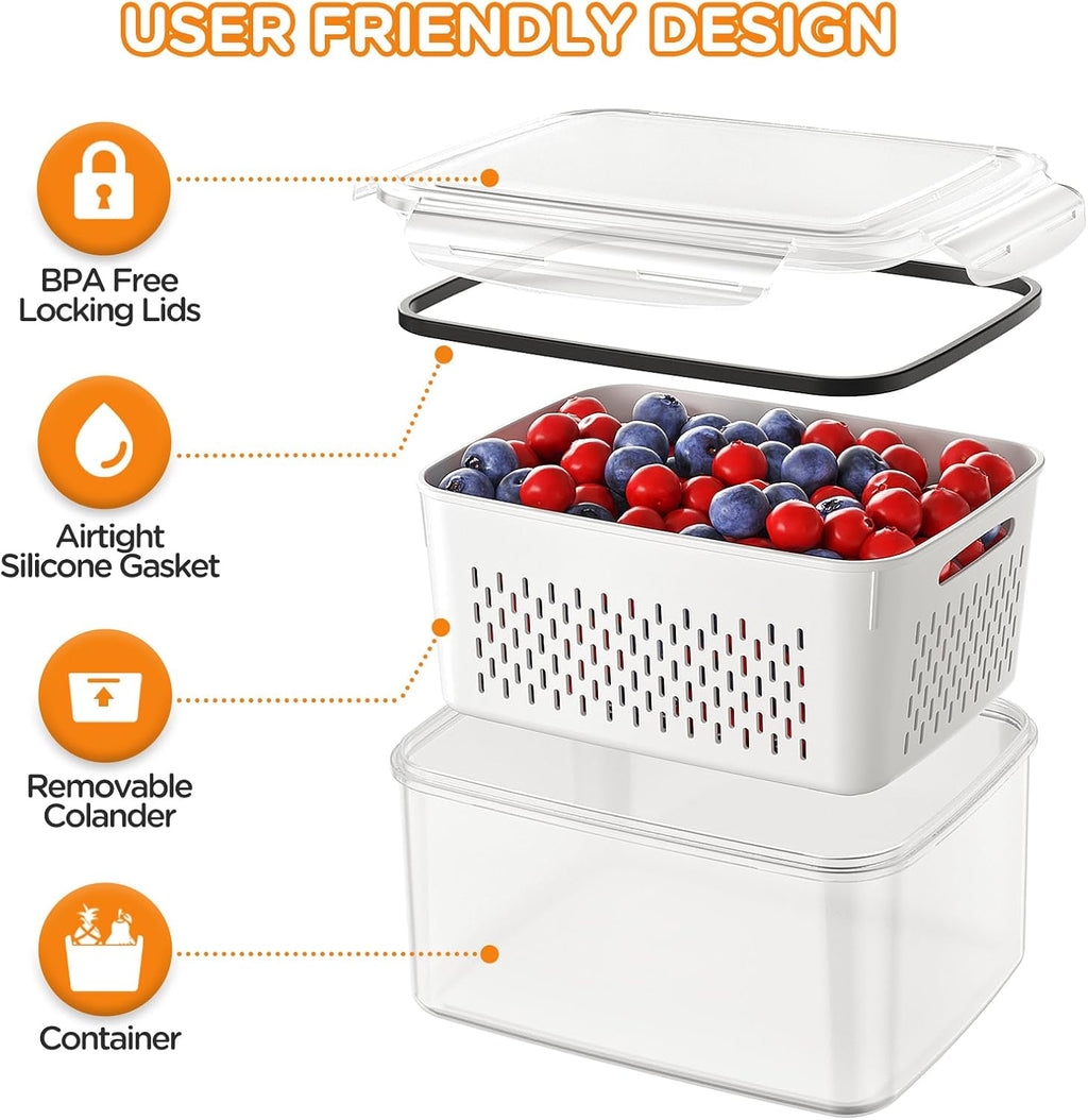 Skiennix 6 PCS Fruit Storage Containers - Leakproof Design with Removable Colanders | Keep Produce Fresh Longer