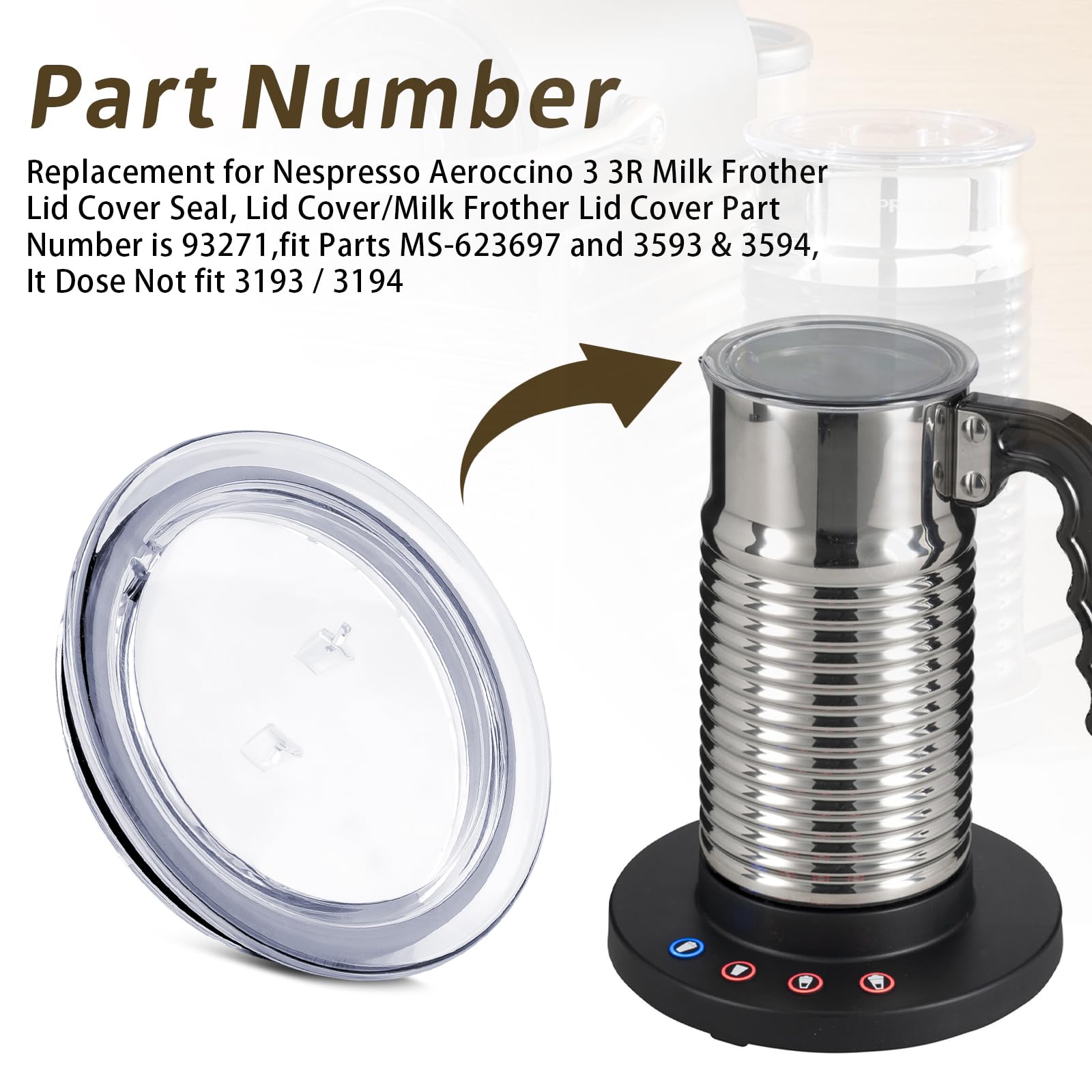 93271 Replacement for Nespresso Aeroccino 3 3R Milk Frother Lid Cover Seal, Lid Cover/Milk Frother Lid Cover fit Parts MS-623697 and 3593 & 3594