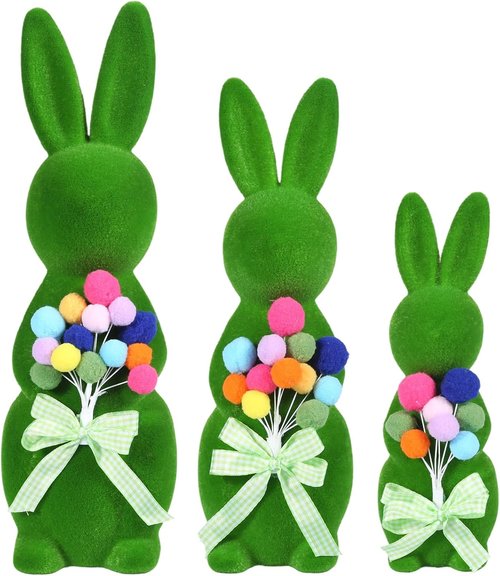 BrilliantJo Moss Bunny Figurines - Cute Spring Decor Gift Set of 3 (15", 13", 10") for Home & Garden