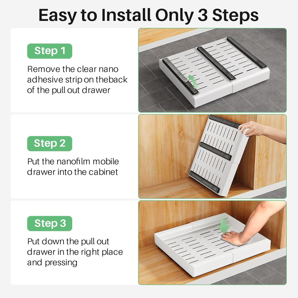 Skiennix Pull-Out Cabinet Organizer - Expandable Heavy-Duty Slide-Out Drawers (12"-20") for Kitchen & Bathroom Storage